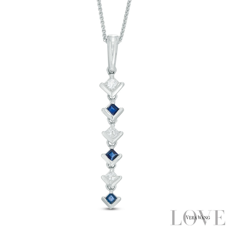 Main Image 1 of Vera Wang Love Collection 0.15 CT. T.W. Diamond and Blue Sapphire Alternating Drop Pendant in 14K White Gold