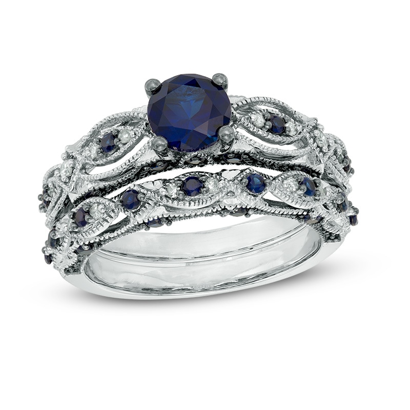 Main Image 1 of 6.0mm Lab-Created Blue Sapphire and 0.10 CT. T.W. Diamond Bridal Set in 10K White Gold