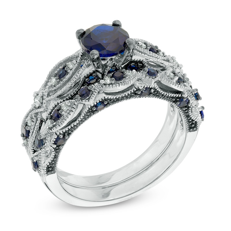 Main Image 2 of 6.0mm Lab-Created Blue Sapphire and 0.10 CT. T.W. Diamond Bridal Set in 10K White Gold