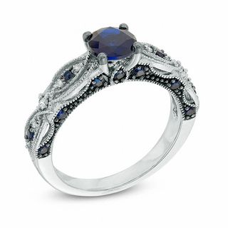10K White Gold Engagement Ring Set - Round Blue Sapphire & White Diamond Swirl (Size 10) - View #3