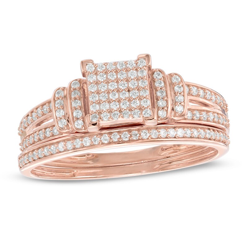 0.33 CT. T.W. Multi-Diamond Square Double Collar Bridal Set in 10K Rose Gold
