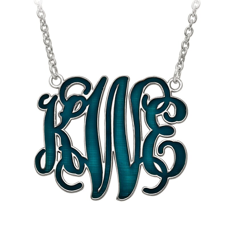 Enamel Scroll Monogram Necklace in Sterling Silver (1 colour and 3 Initials)