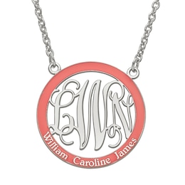 Round Enamel Family Scroll Monogram Necklace in Sterling Silver (1 Colour, 3 Initials and 3 Names)