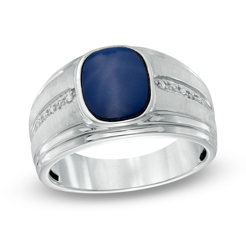 Men's Cushion-Cut Simulated Blue Star Glass and Diamond Accent Ring in 10K White Gold|Peoples Jewellers