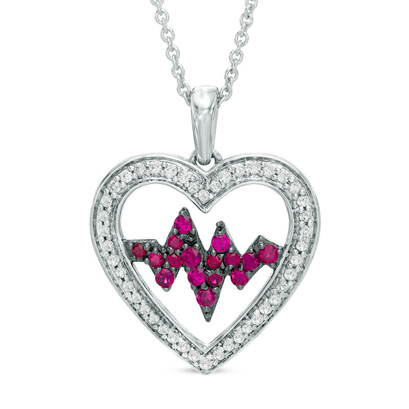 Main Image 1 of Lab-Created Ruby and White Sapphire Heartbeat Pendant in Sterling Silver