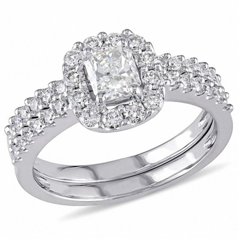 1.17 CT. T.W. Radiant-Cut Diamond Oval Frame Bridal Set in 14K White ...