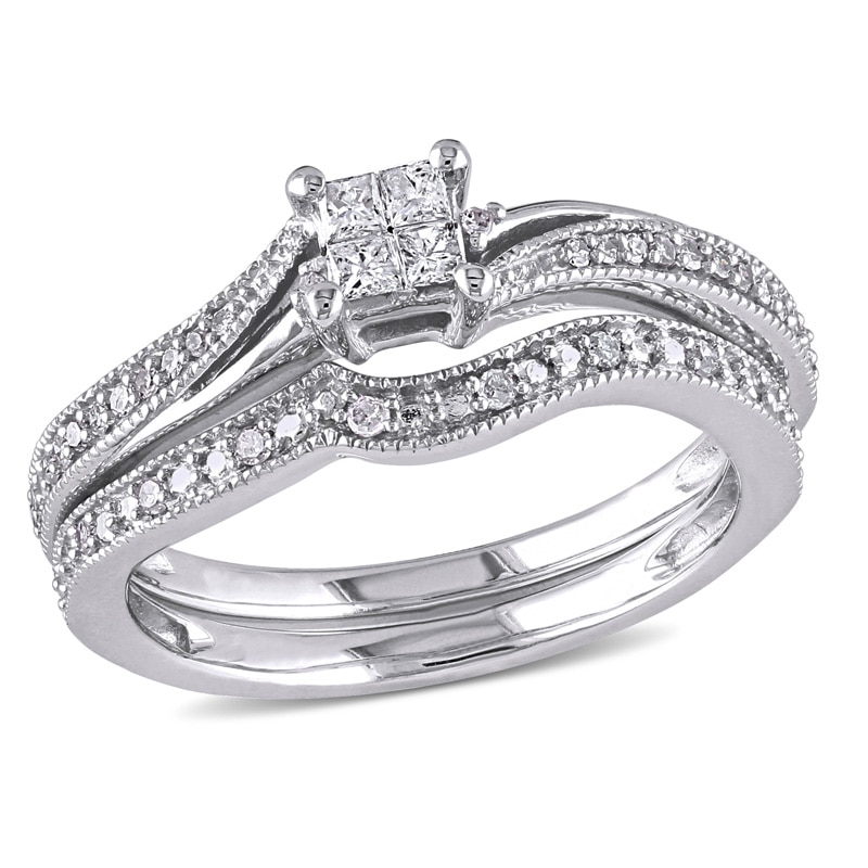 0.26 CT. T.W. Quad Princess-Cut Diamond Bypass Vintage-Style Bridal Set in 10K White Gold