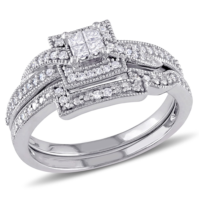 0.30 CT. T.W. Quad Princess-Cut Diamond Square Frame Crossover Vintage-Style Bridal Set in 10K White Gold|Peoples Jewellers