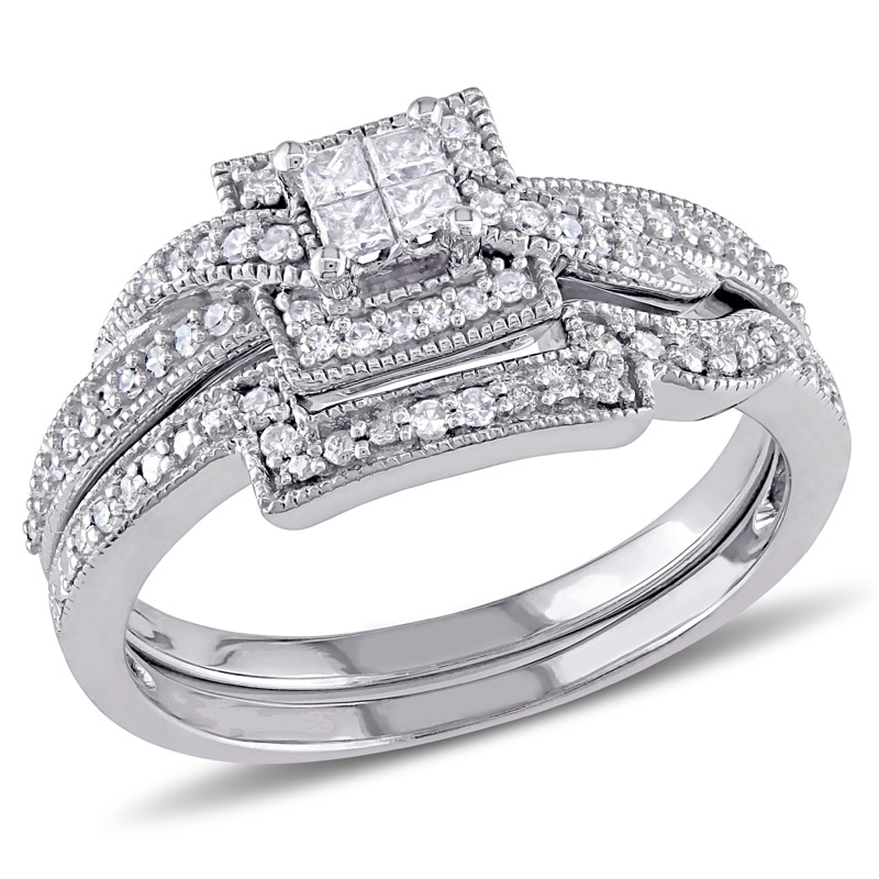 0.30 CT. T.W. Quad Princess-Cut Diamond Square Frame Crossover Vintage-Style Bridal Set in 10K White Gold