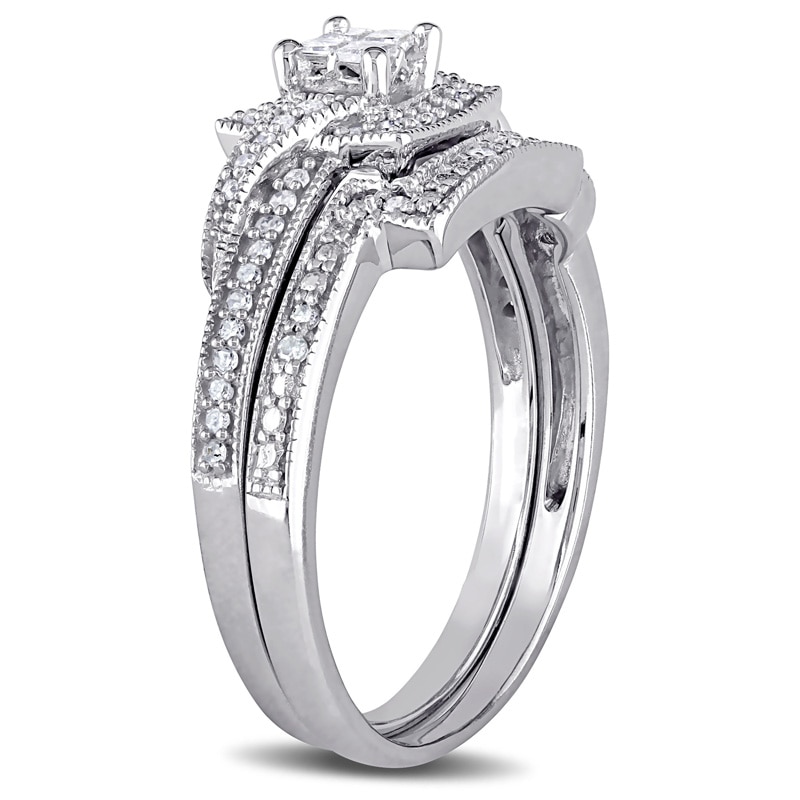 Main Image 2 of 0.30 CT. T.W. Quad Princess-Cut Diamond Square Frame Crossover Vintage-Style Bridal Set in 10K White Gold