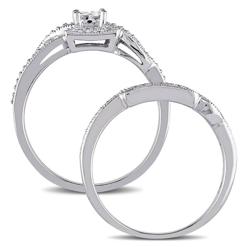 0.30 CT. T.W. Quad Princess-Cut Diamond Square Frame Crossover Vintage-Style Bridal Set in 10K White Gold