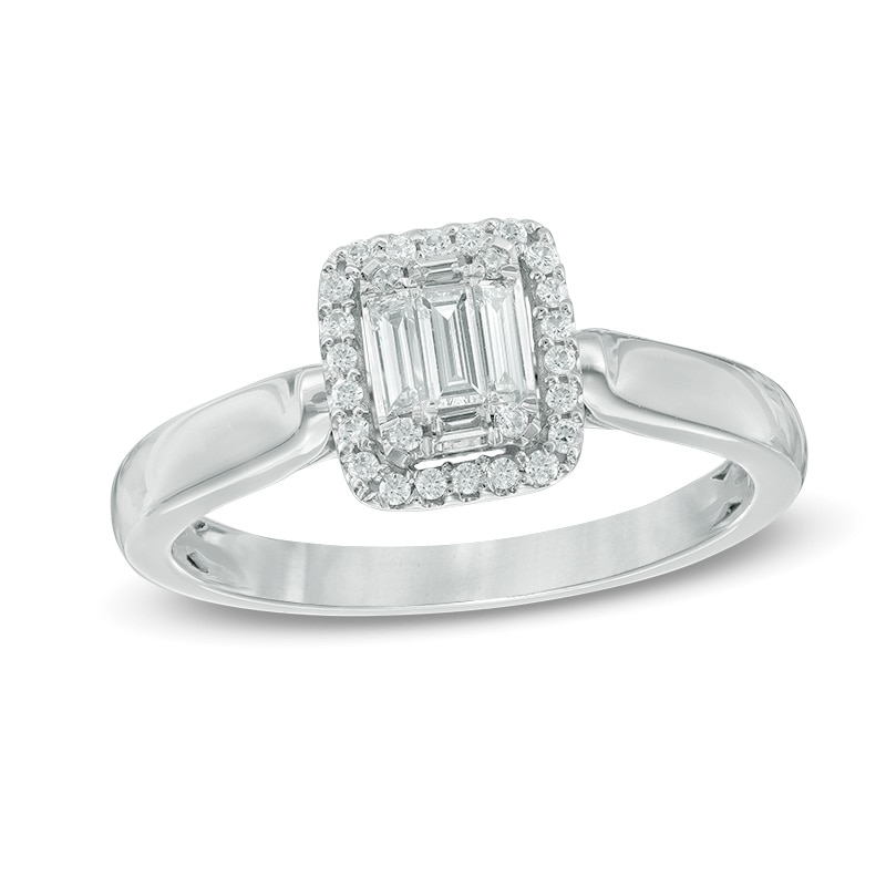 Main Image 1 of 0.25 CT. T.W. Baguette and Round Composite Diamond Rectangle Frame Bold Engagement Ring in 10K White Gold