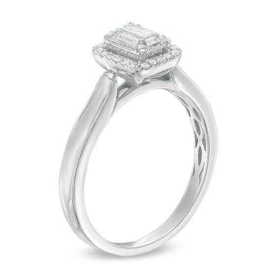 0.25 CT. T.W. Baguette and Round Composite Diamond Rectangle Frame Bold Engagement Ring in 10K White Gold