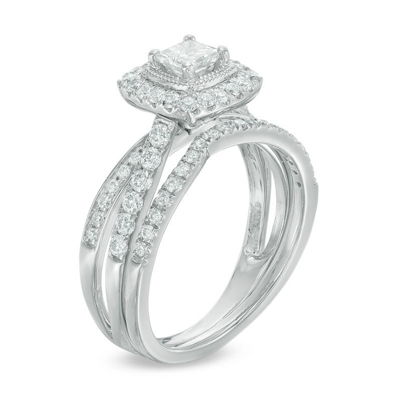 Main Image 2 of 0.96 CT. T.W. Princess-Cut Diamond Frame Crossover Shank Bridal Set in 14K White Gold