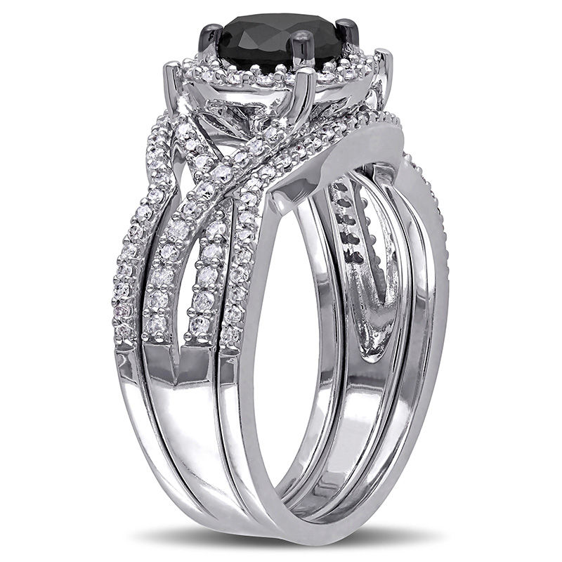 1.51 CT. T.W. Enhanced Black and White Diamond Frame Twist Three Piece Bridal Set 10K Gold