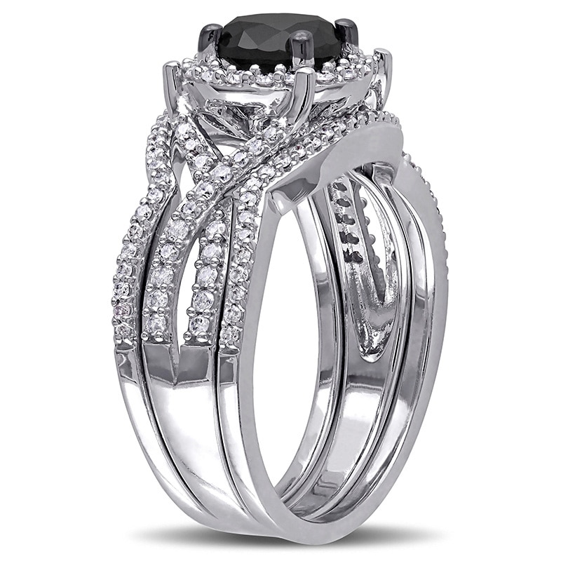 1.51 CT. T.W. Enhanced Black and White Diamond Frame Twist Three Piece Bridal Set in 10K White Gold