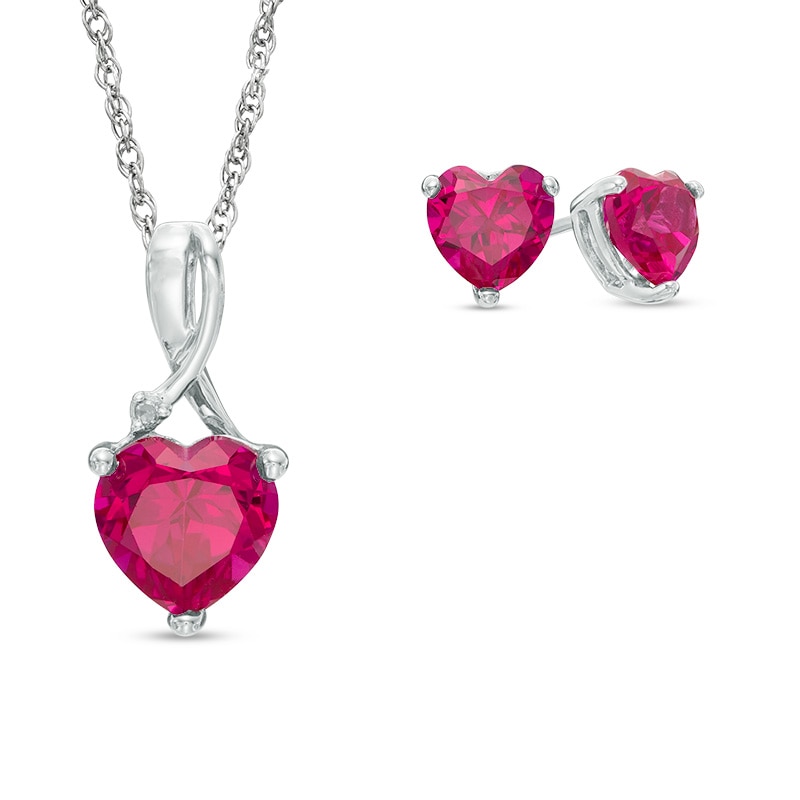 Heart-Shaped Lab-Created Ruby and Diamond Accent Pendant and Stud Earrings Set in Sterling Silver