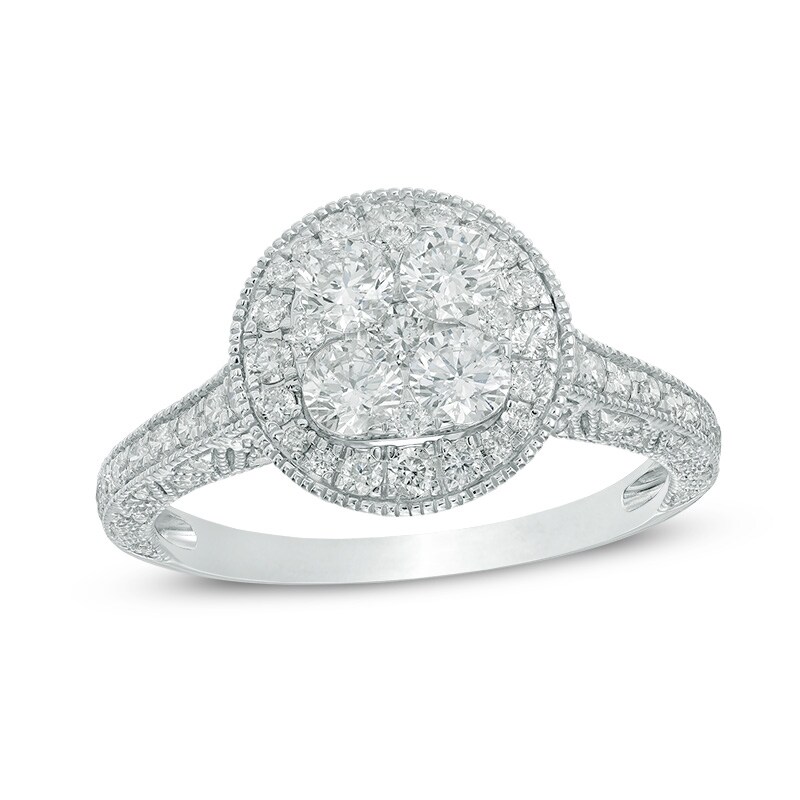 Main Image 1 of 1.25 CT. T.W. Composite Diamond Frame Vintage-Style Engagement Ring in 14K White Gold