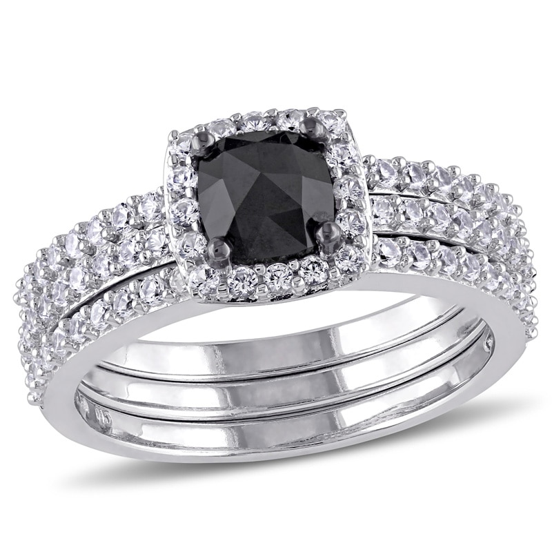 Main Image 1 of 0.75 CT. Cushion-Shaped Black Diamond and Created White Sapphire Three Piece Bridal Set in 10K White Gold