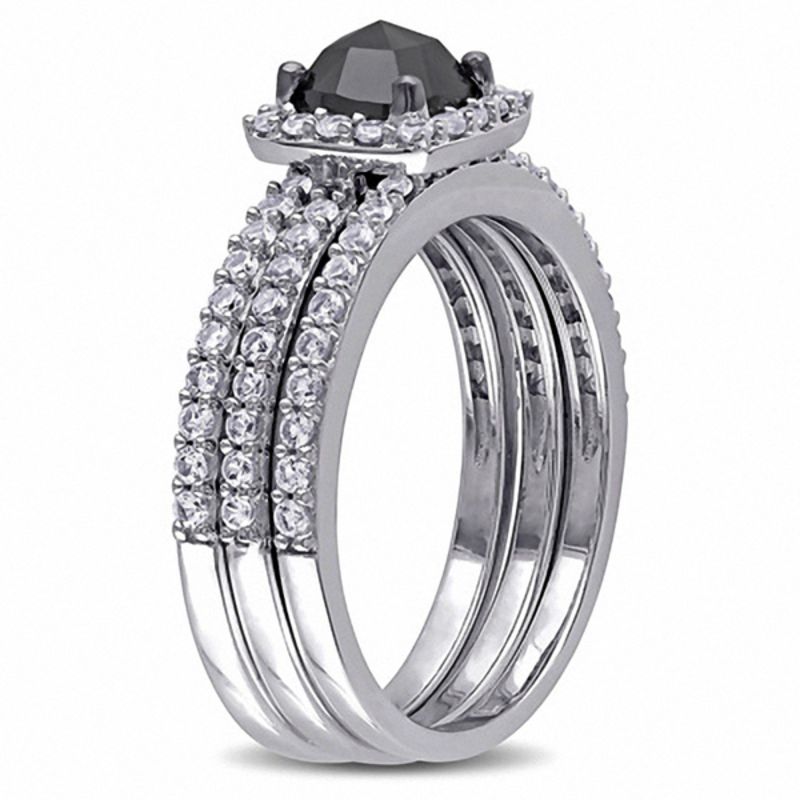 Main Image 2 of 0.75 CT. Cushion-Shaped Black Diamond and Created White Sapphire Three Piece Bridal Set in 10K White Gold