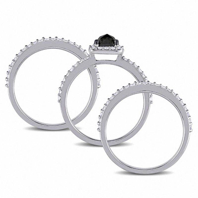 Main Image 3 of 0.75 CT. Cushion-Shaped Black Diamond and Created White Sapphire Three Piece Bridal Set in 10K White Gold