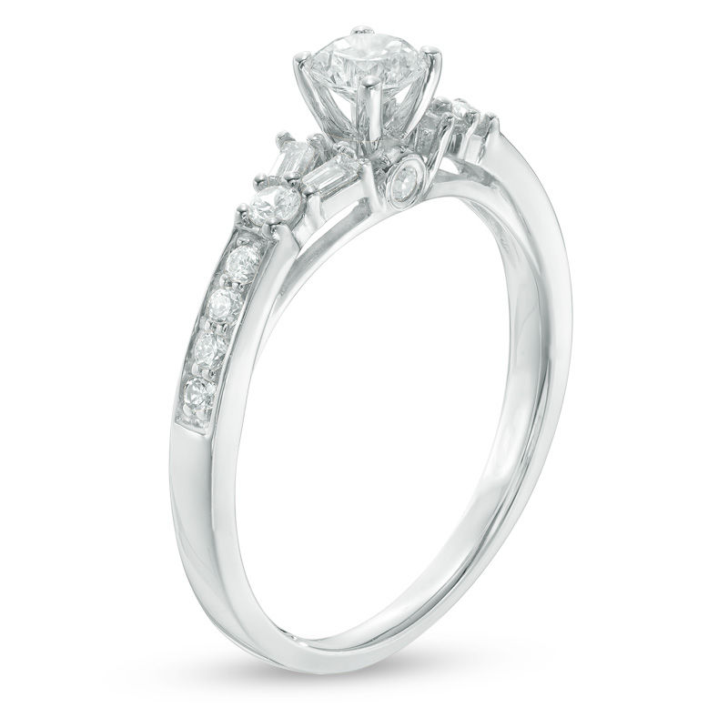 0.66 CT. T.W. Baguette and Round Diamond Split Shank Engagement Ring 14K White Gold