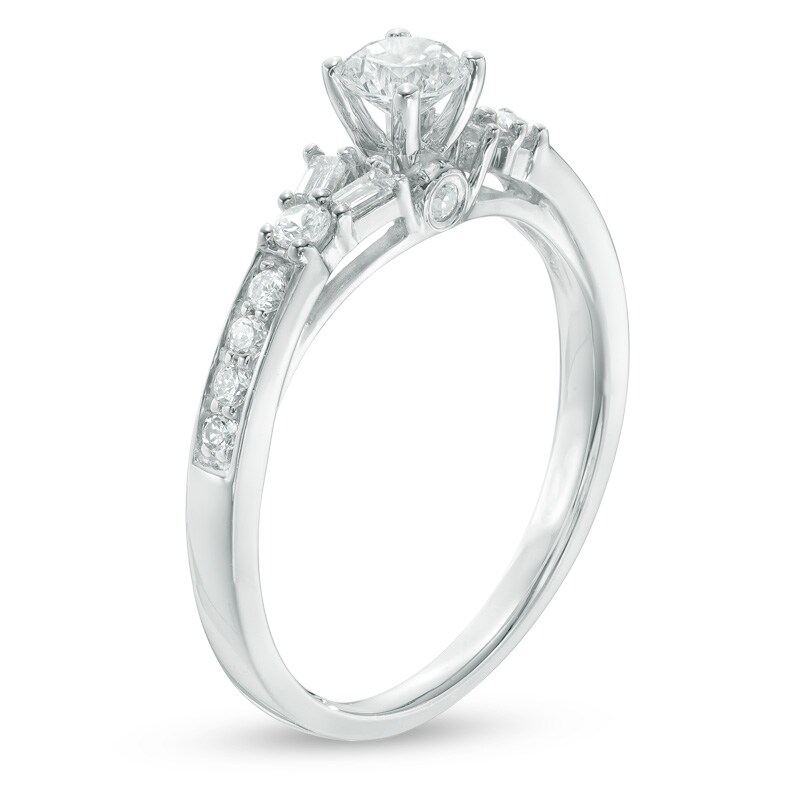 Main Image 2 of 0.66 CT. T.W. Baguette and Round Diamond Split Shank Engagement Ring in 14K White Gold