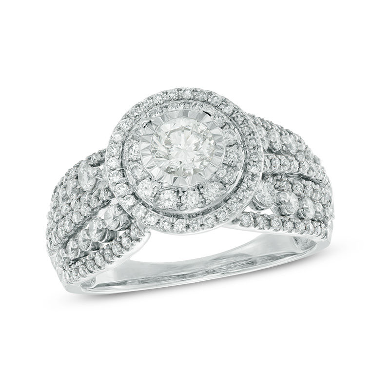 Main Image 1 of 1.11 CT. T.W. Diamond Double Frame Multi-Row Shank Engagement Ring in 14K White Gold