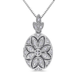 Diamond Accent Oval Vintage-Style Flower Locket in Sterling Silver