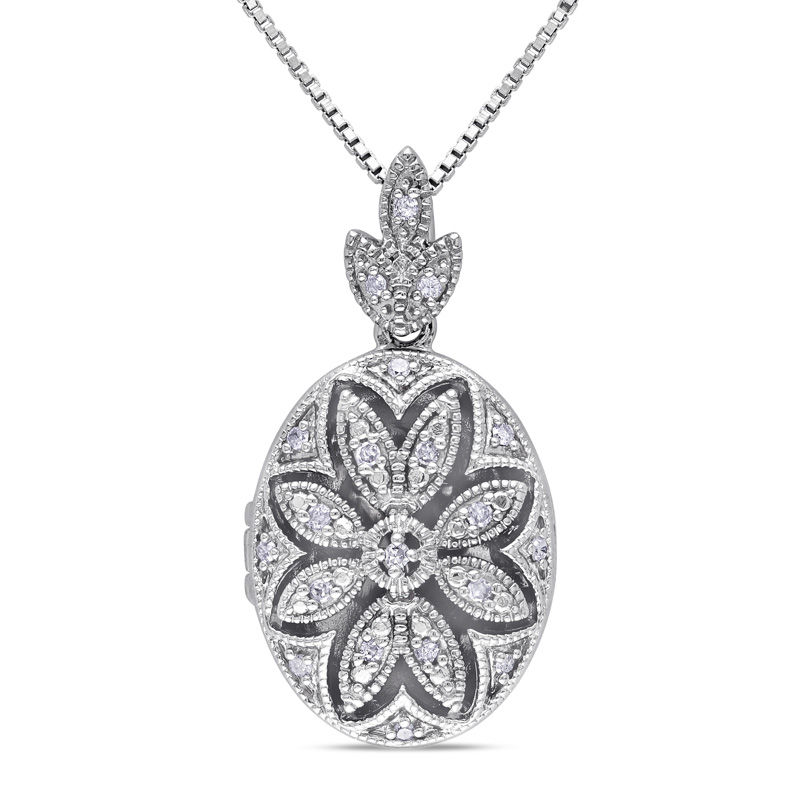 Main Image 1 of Diamond Accent Oval Vintage-Style Flower Locket in Sterling Silver