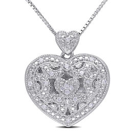 Diamond Accent Vintage-Style Beaded Double Heart Locket in Sterling Silver