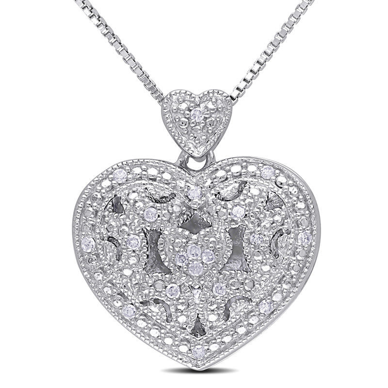 Diamond Accent Vintage-Style Beaded Double Heart Locket in Sterling Silver|Peoples Jewellers