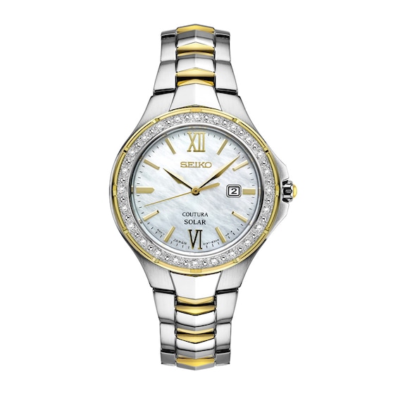 Ladies' Seiko Coutura Solar Diamond Accent Two-Tone Watch with Mother-of-Pearl Dial (Model: SUT240)
