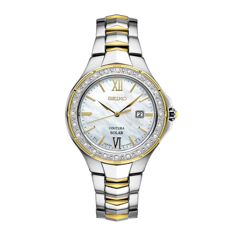Ladies' Seiko Coutura Solar Diamond Accent Two-Tone Watch with  Mother-of-Pearl Dial (Model: SUT240) | Peoples Jewellers