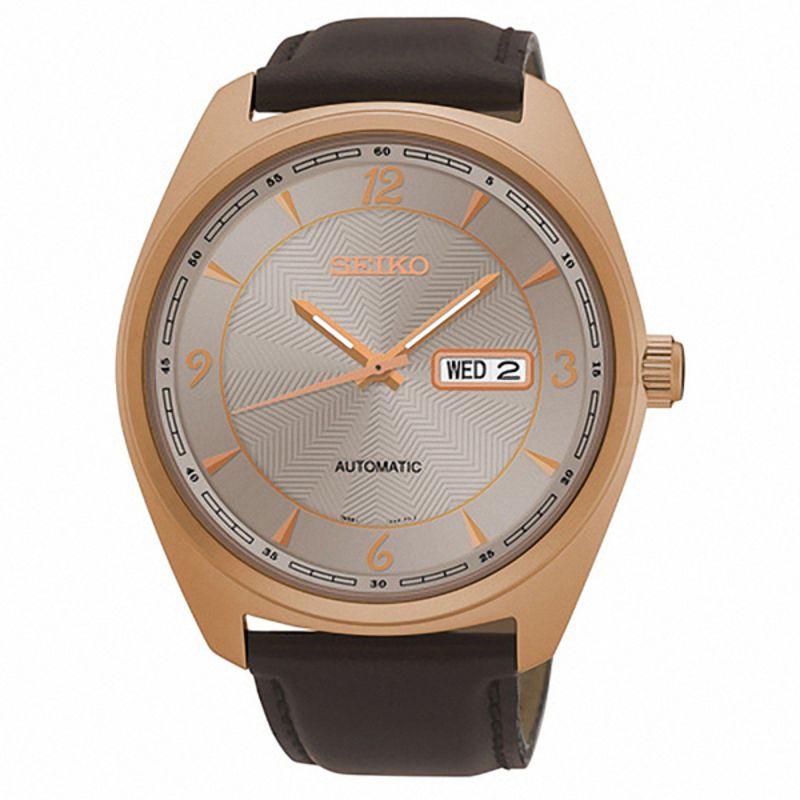 Men's Seiko Recraft Automatic Rose-Tone Strap Watch with Grey Dial (Model:  SNKN72) | Peoples Jewellers