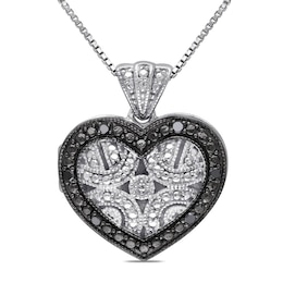 Black Diamond Accent Vintage-Style Beaded Heart Frame Locket in Sterling Silver