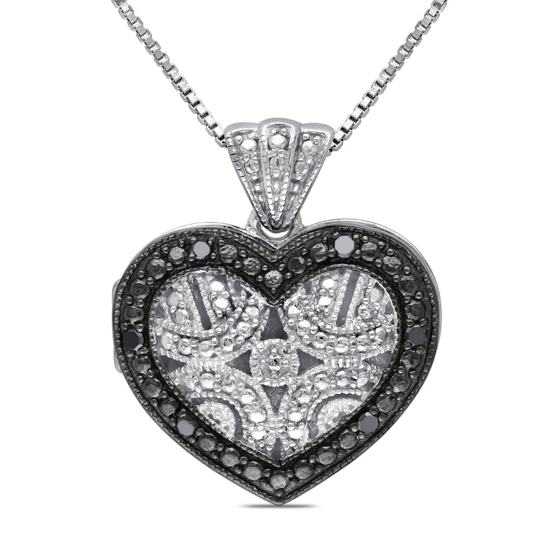 Main Image 1 of Black Diamond Accent Vintage-Style Beaded Heart Frame Locket in Sterling Silver