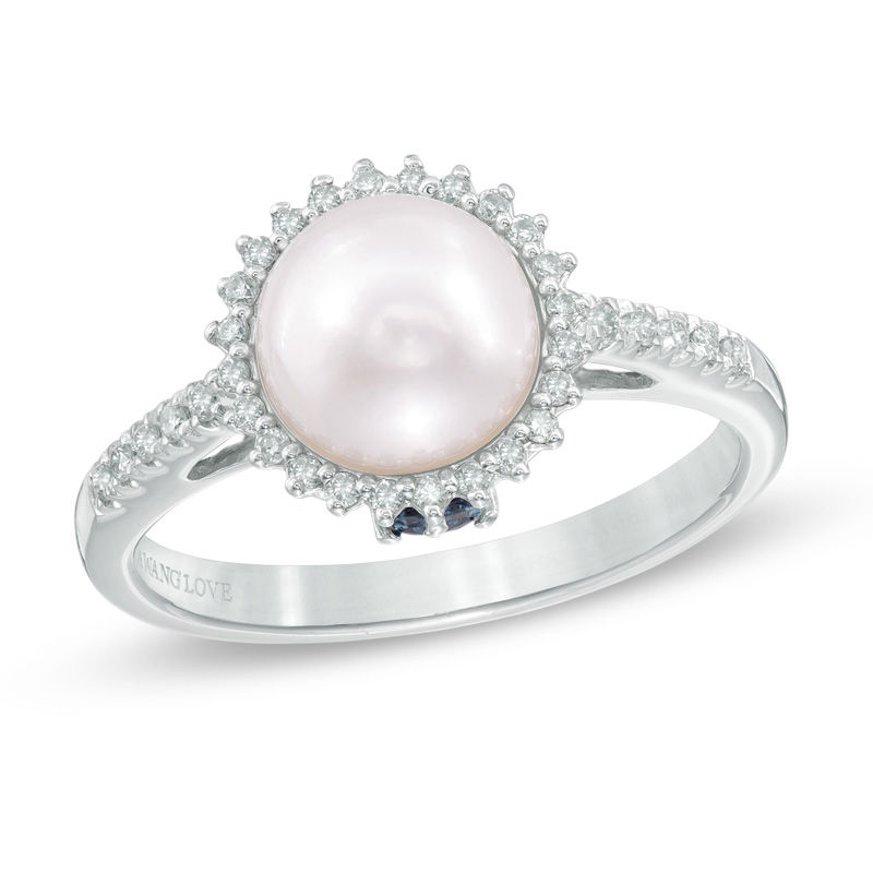 Vera Wang LOVE Cultured Akoya Pearl and 0.14 CT. T.W. Diamond Frame Ring in 14K White Gold - Size 7