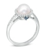 Thumbnail Image 1 of Vera Wang LOVE Cultured Akoya Pearl and 0.14 CT. T.W. Diamond Frame Ring in 14K White Gold - Size 7
