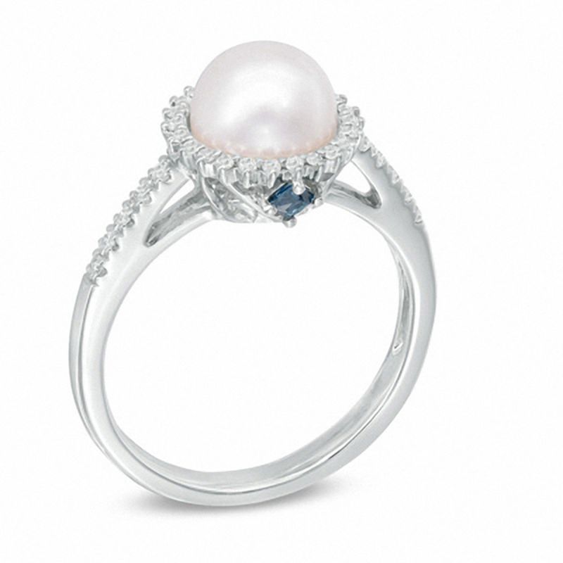 Vera Wang LOVE Akoya Cultured Pearl and 0.14 CT. T.W. Diamond Frame Ring 14K White Gold-Size 7