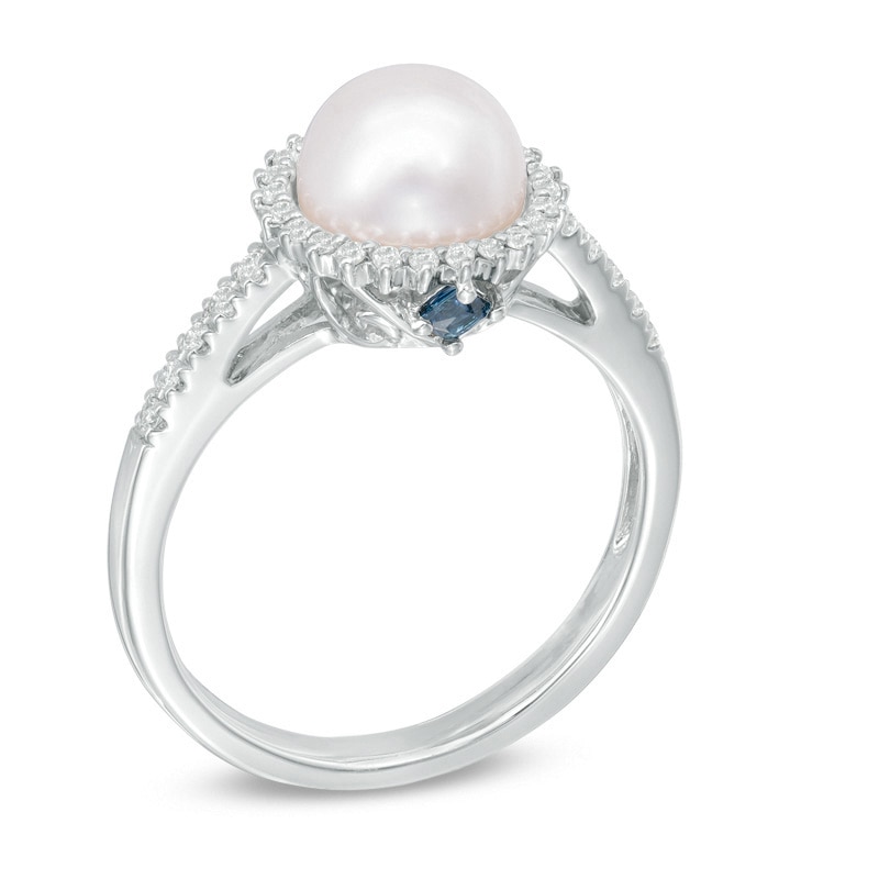 Vera Wang LOVE Cultured Akoya Pearl and 0.14 CT. T.W. Diamond Frame Ring in 14K White Gold - Size 7