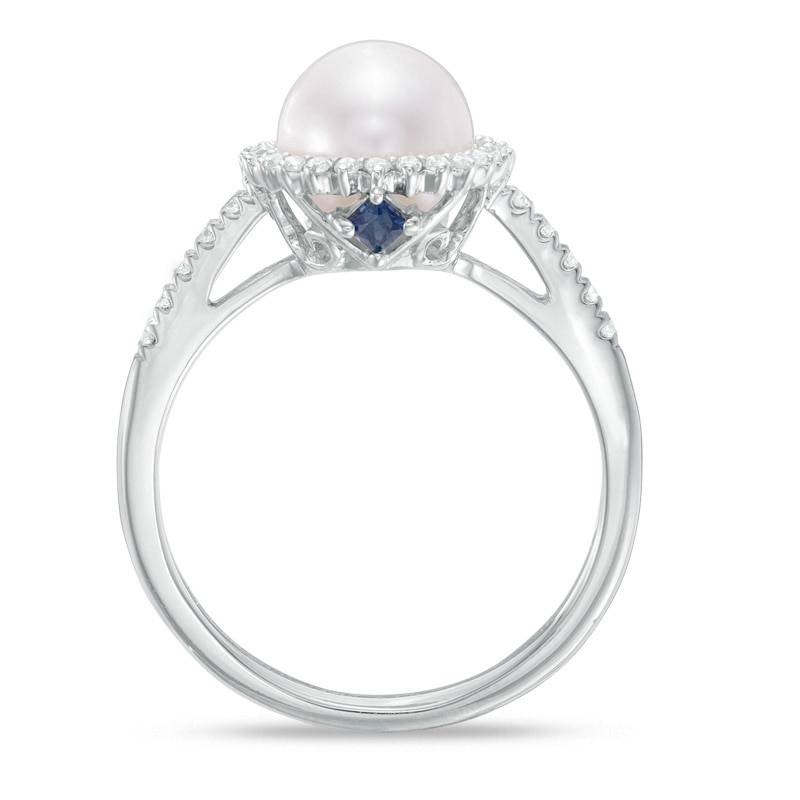 Vera Wang LOVE Cultured Akoya Pearl and 0.14 CT. T.W. Diamond Frame Ring in 14K White Gold - Size 7