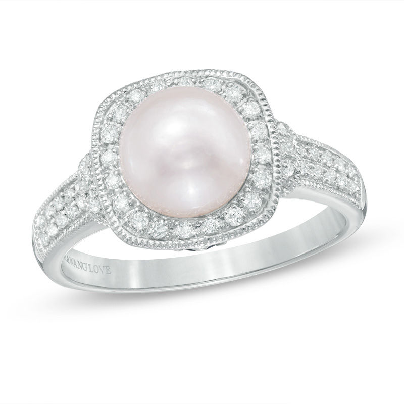 Vera Wang LOVE Akoya Cultured Pearl and 0.20 CT. T.W. Diamond Frame Ring in 14K White Gold-Size 7