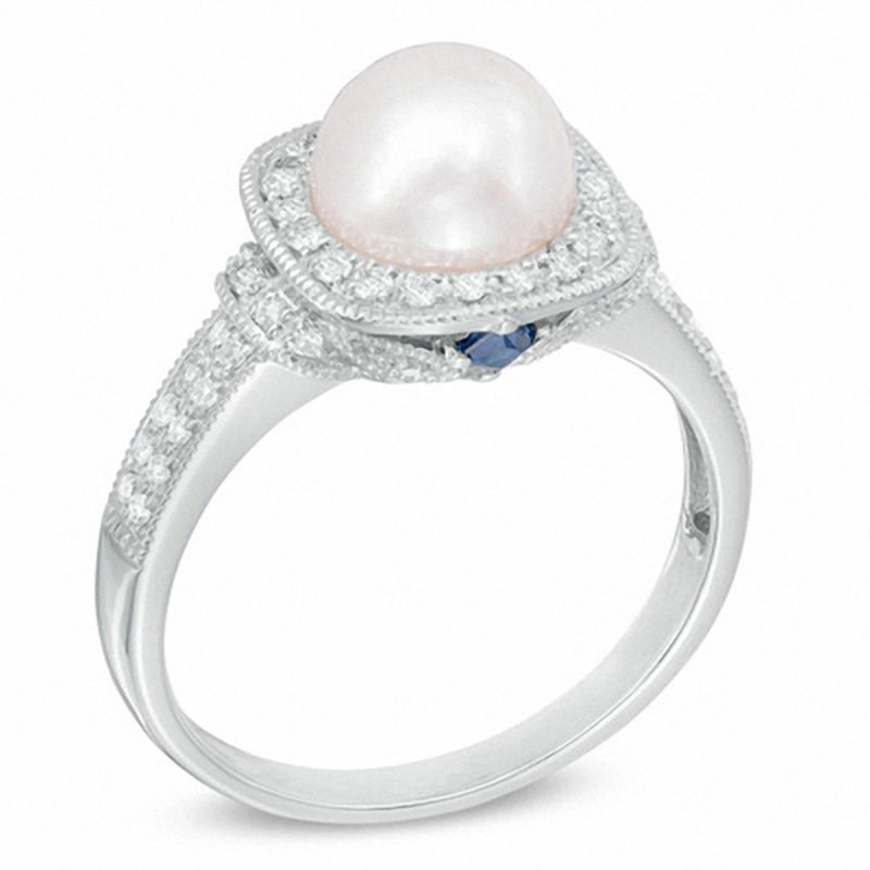 Vera Wang LOVE Cultured Akoya Pearl and 0.20 CT. T.W. Diamond Frame Ring in 14K White Gold - Size 7