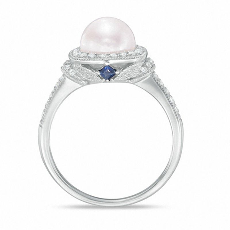 Vera Wang LOVE Cultured Akoya Pearl and 0.20 CT. T.W. Diamond Frame Ring in 14K White Gold - Size 7