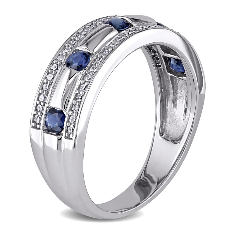 Main Image 2 of Men's Blue Sapphire and 0.25 CT. T.W. Diamond Triple Row Wedding Band in 10K White Gold