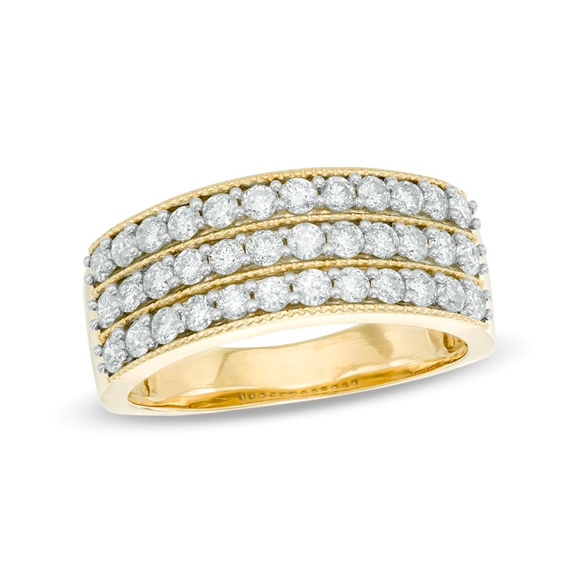 0.95 CT. T.W. Diamond Vintage-Style Three Row Anniversary Band in 14K Gold