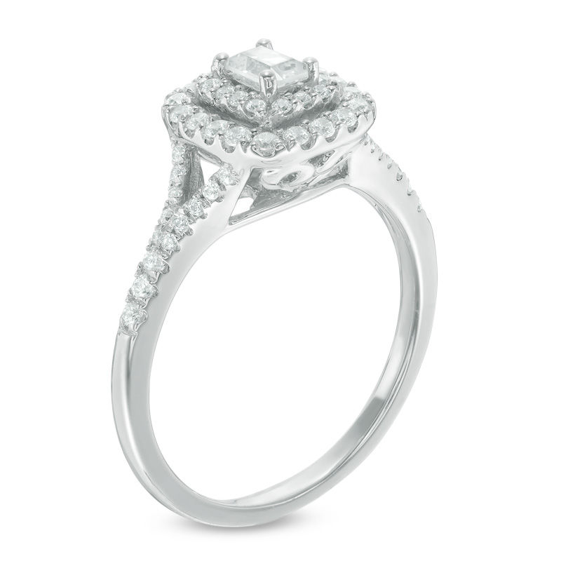 Main Image 2 of 0.45 CT. T.W. Emerald-Cut Diamond Double Frame Split Shank Engagement Ring in 14K White Gold