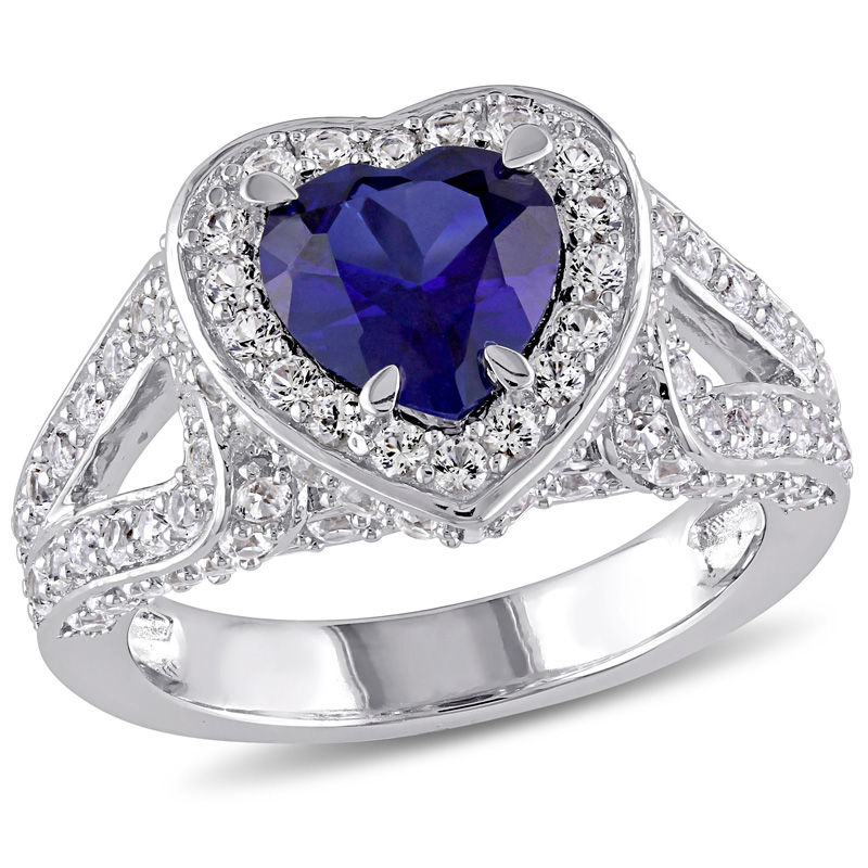 8.0mm Heart-Shaped Lab-Created Blue and White Sapphire Frame Ring in Sterling Silver
