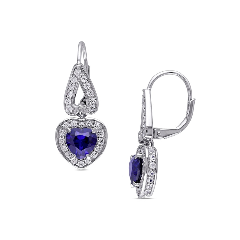 Heart-Shaped Lab-Created Blue and White Sapphire Frame Drop Earrings in Sterling Silver